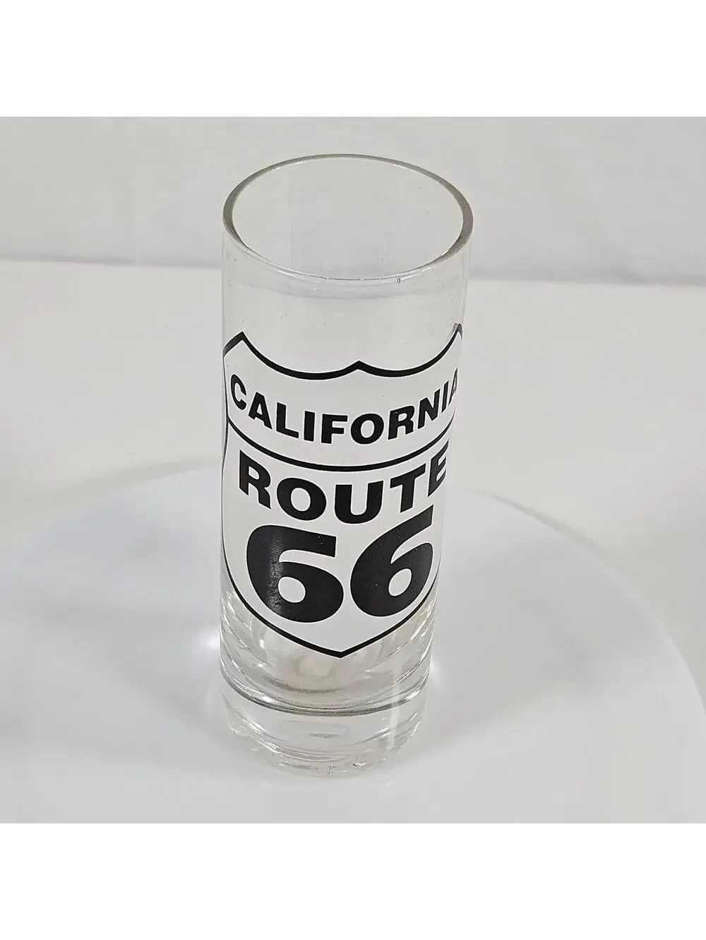 Vintage California Route 66 Shot Glass Clear Tall Shooter Glass Road Sign